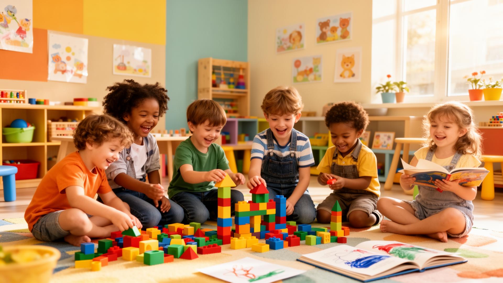 Children learning and playing in a childcare classroom